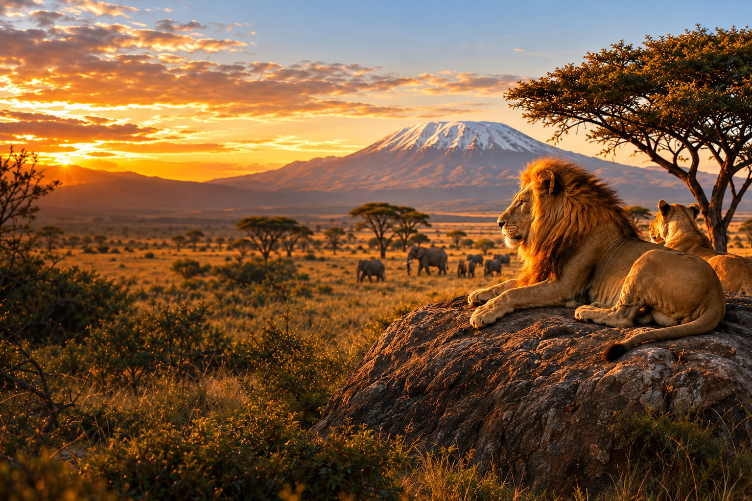 A lion pride resting above the savannah with Mount Kilimanjaro in the distance